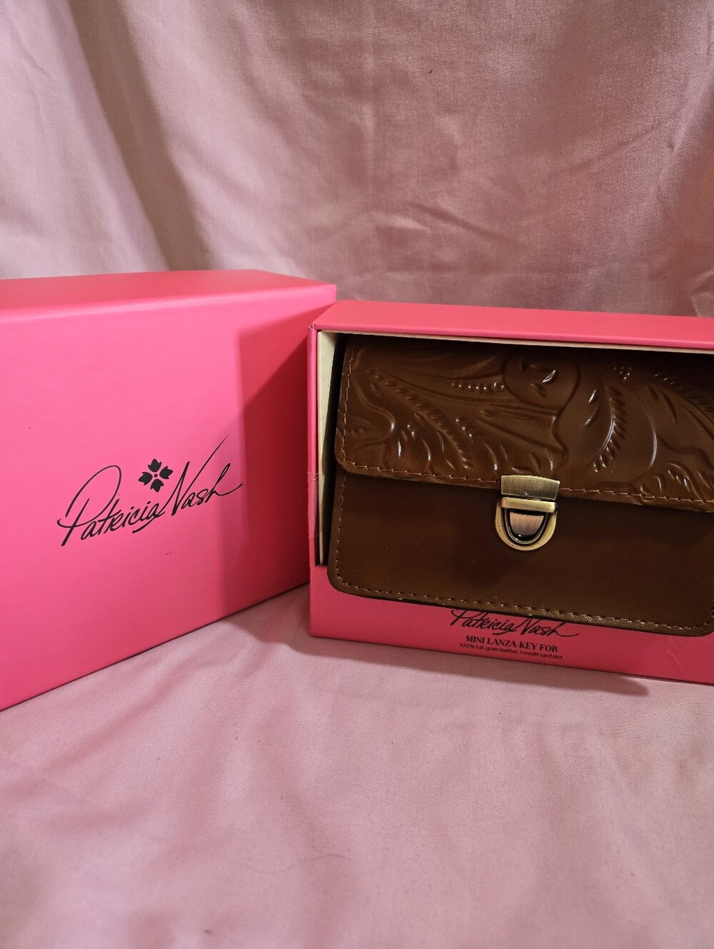 Patricia Nash Brown Floral-Tooled Leather Mini Wallet/Key Fob NWT